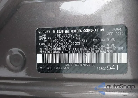 2019 Mitsubishi Outlander Es from USA, damaged, VIN JA4AD2A38KZ053065
